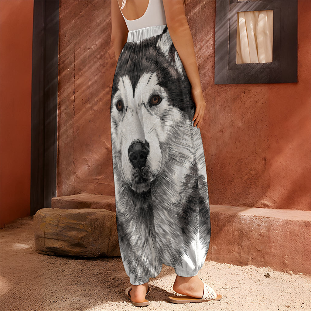 Hand Drawn Alaskan Malamute Print Harem Pants