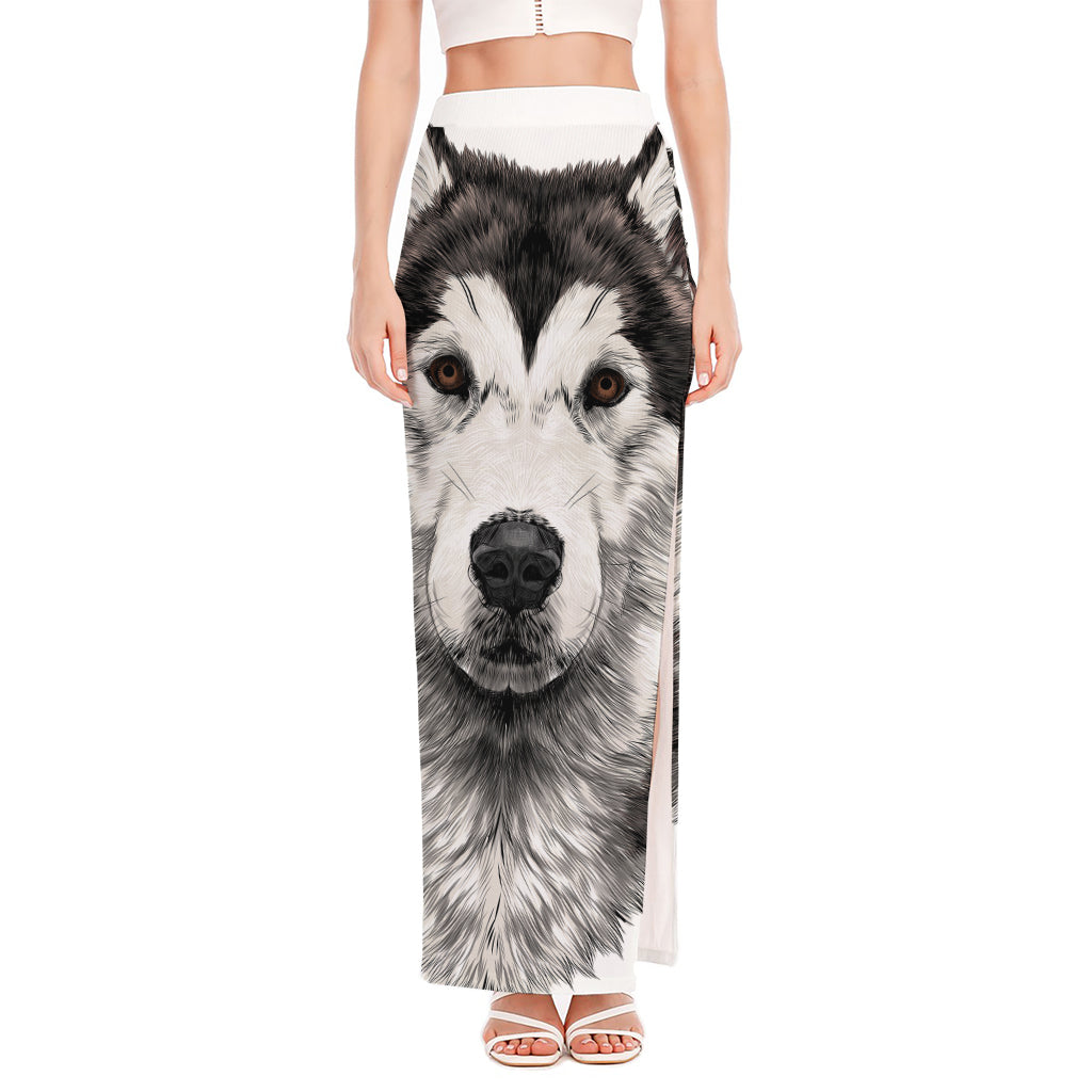 Hand Drawn Alaskan Malamute Print High Slit Maxi Skirt