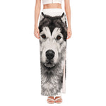Hand Drawn Alaskan Malamute Print High Slit Maxi Skirt