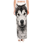 Hand Drawn Alaskan Malamute Print High Slit Maxi Skirt