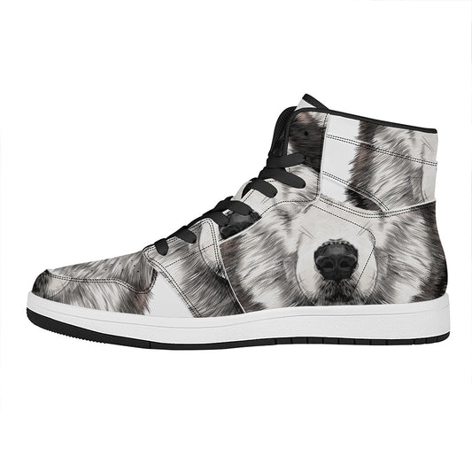 Hand Drawn Alaskan Malamute Print High Top Leather Sneakers