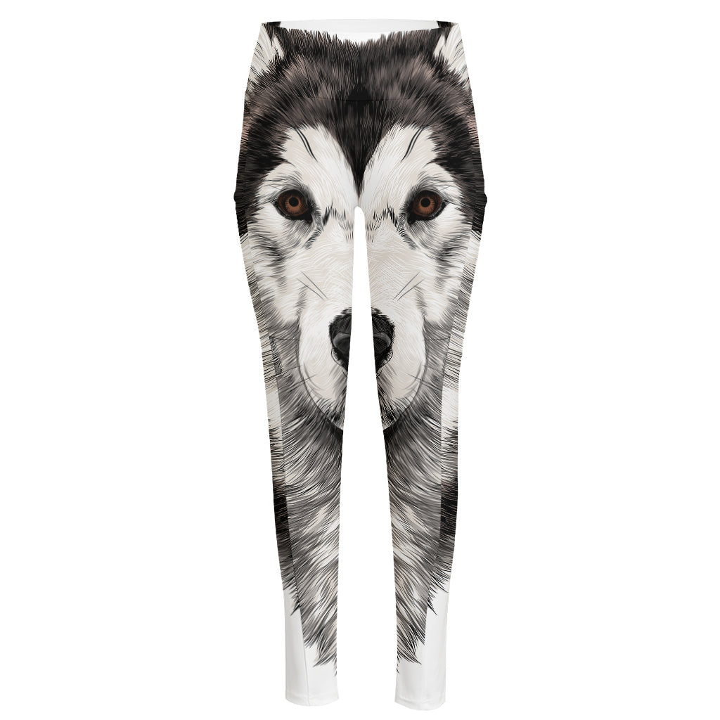 Hand Drawn Alaskan Malamute Print High-Waisted Pocket Leggings