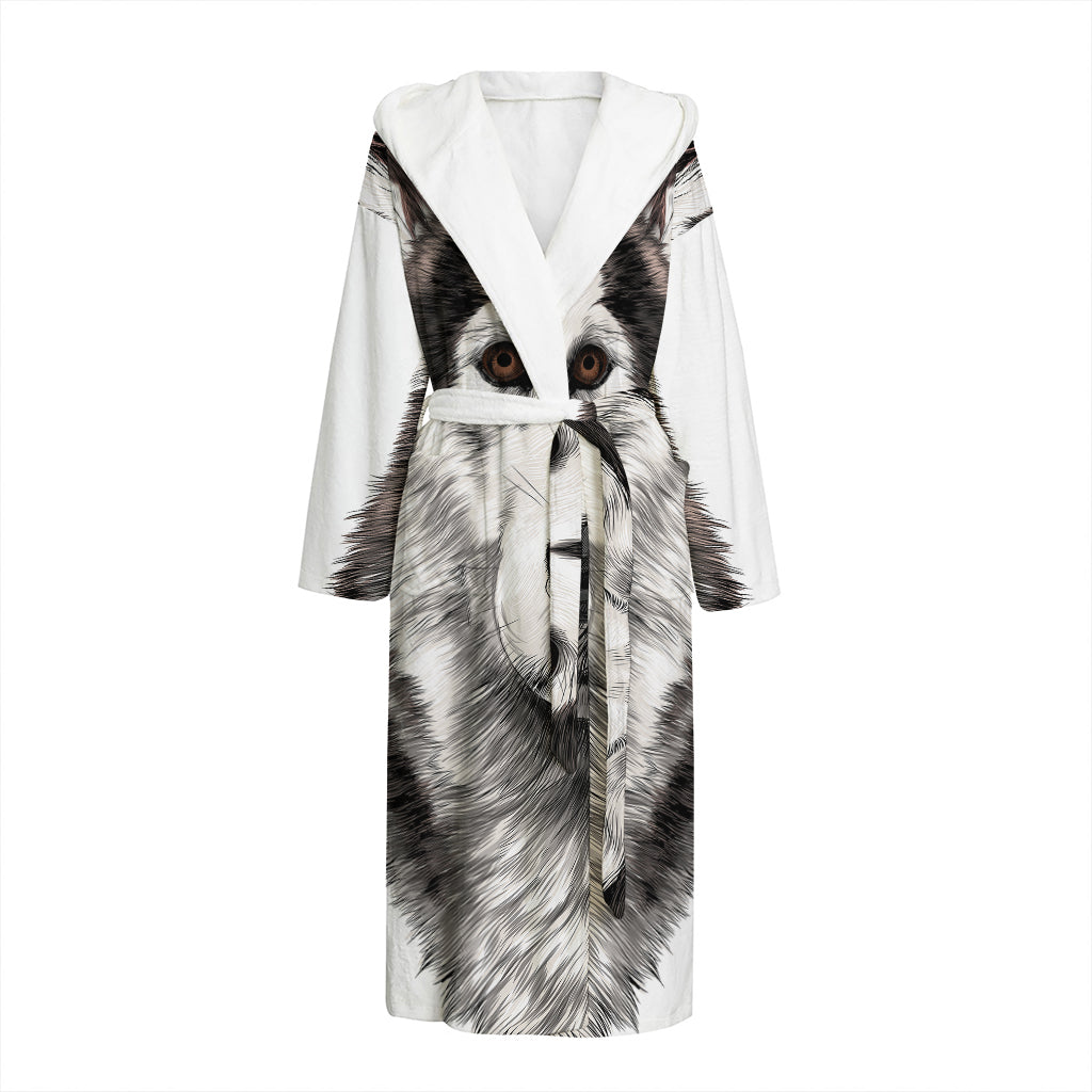 Hand Drawn Alaskan Malamute Print Hooded Bathrobe