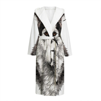 Hand Drawn Alaskan Malamute Print Hooded Bathrobe