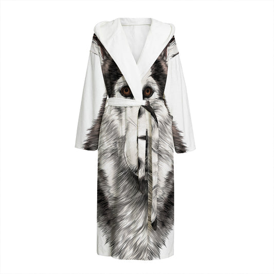 Hand Drawn Alaskan Malamute Print Hooded Bathrobe