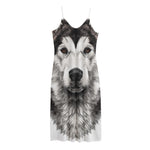Hand Drawn Alaskan Malamute Print Jersey Midi Cami Dress