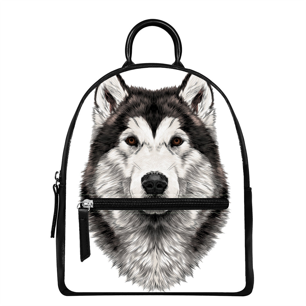 Hand Drawn Alaskan Malamute Print Leather Backpack