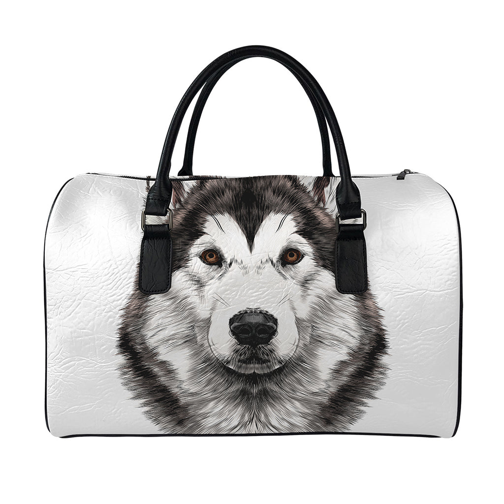 Hand Drawn Alaskan Malamute Print Leather Duffle Bag