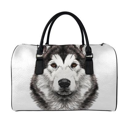 Hand Drawn Alaskan Malamute Print Leather Duffle Bag