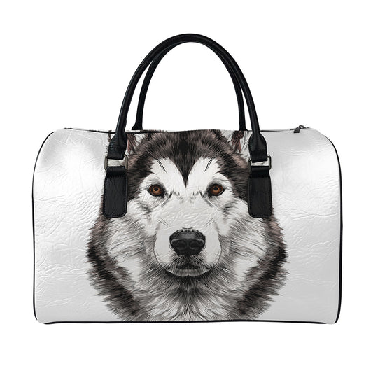 Hand Drawn Alaskan Malamute Print Leather Duffle Bag