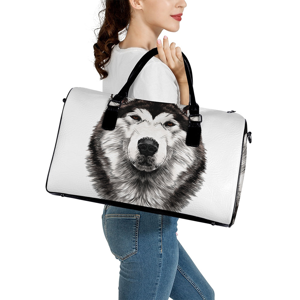 Hand Drawn Alaskan Malamute Print Leather Duffle Bag