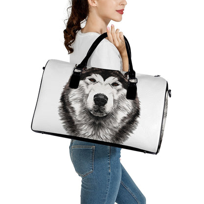 Hand Drawn Alaskan Malamute Print Leather Duffle Bag