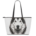 Hand Drawn Alaskan Malamute Print Leather Tote Bag With Zipper