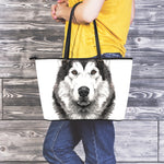 Hand Drawn Alaskan Malamute Print Leather Tote Bag