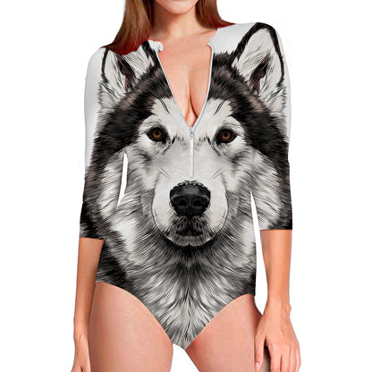 Hand Drawn Alaskan Malamute Print Long Sleeve Swimsuit
