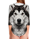 Hand Drawn Alaskan Malamute Print Long Sleeve Swimsuit