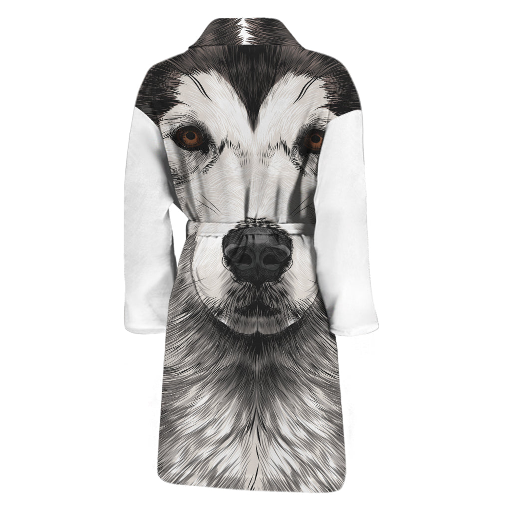 Hand Drawn Alaskan Malamute Print Men's Bathrobe