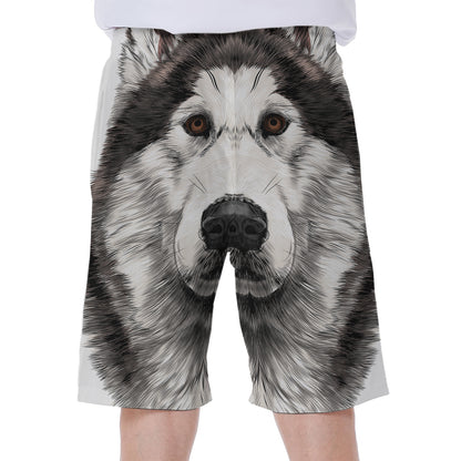 Hand Drawn Alaskan Malamute Print Men's Beach Shorts
