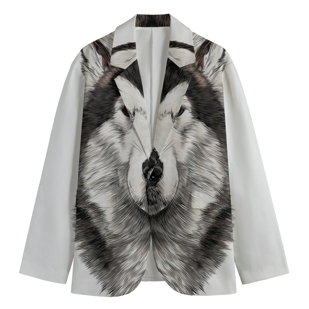 Hand Drawn Alaskan Malamute Print Men's Cotton Blazer