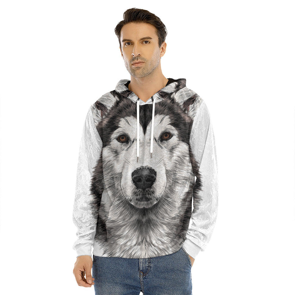 Hand Drawn Alaskan Malamute Print Men's Velvet Pullover Hoodie
