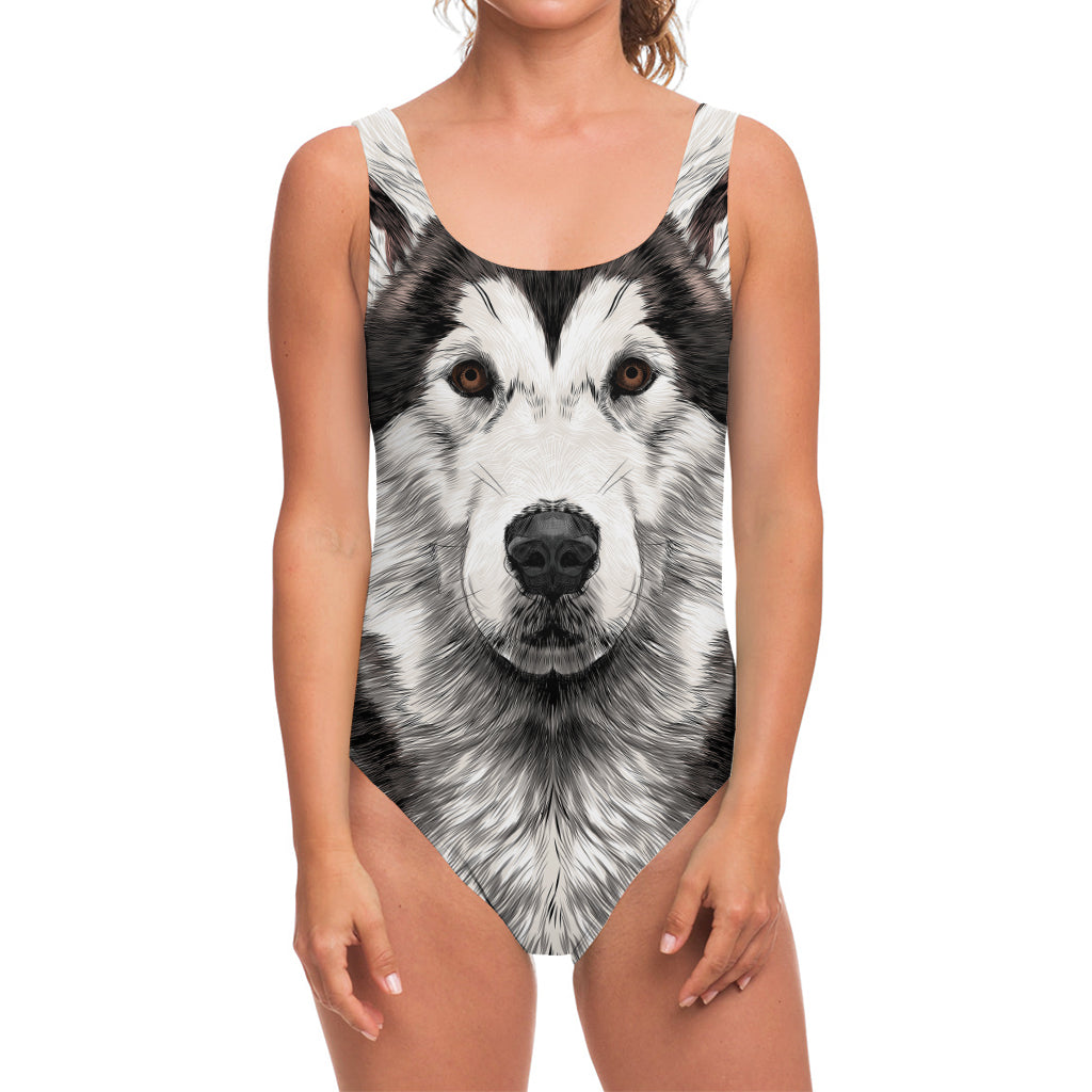 Hand Drawn Alaskan Malamute Print One Piece Swimsuit