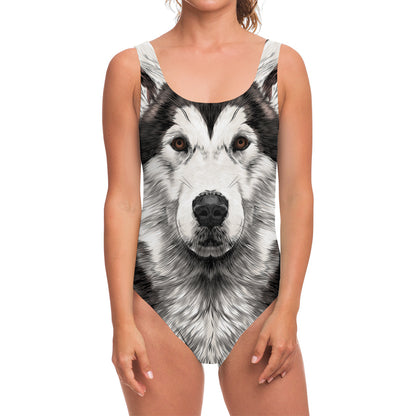 Hand Drawn Alaskan Malamute Print One Piece Swimsuit