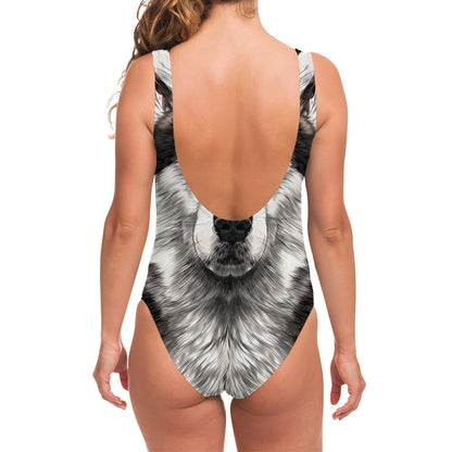 Hand Drawn Alaskan Malamute Print One Piece Swimsuit