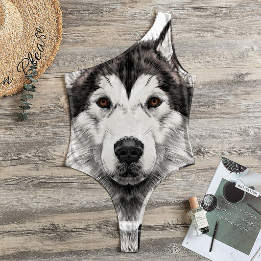 Hand Drawn Alaskan Malamute Print One Shoulder Bodysuit