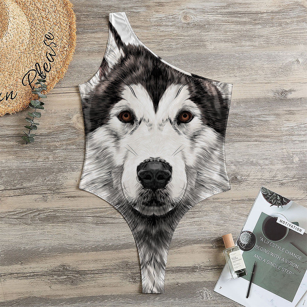 Hand Drawn Alaskan Malamute Print One Shoulder Bodysuit