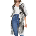 Hand Drawn Alaskan Malamute Print Open Front Beach Cover Up
