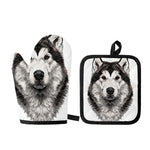 Hand Drawn Alaskan Malamute Print Oven Mitt And Pot Holder Set