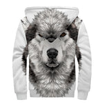 Hand Drawn Alaskan Malamute Print Sherpa Lined Zip Up Hoodie