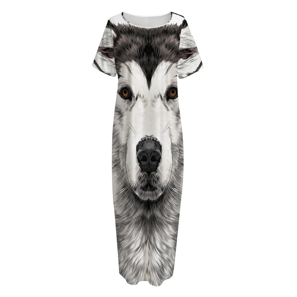 Hand Drawn Alaskan Malamute Print Short Sleeve Long Nightdress