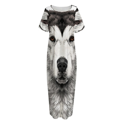Hand Drawn Alaskan Malamute Print Short Sleeve Long Nightdress