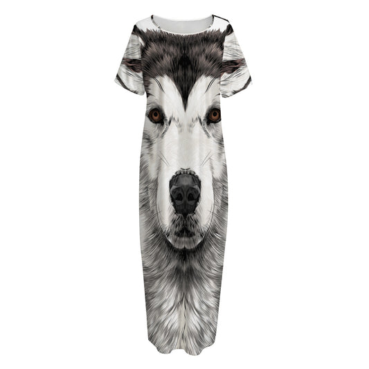 Hand Drawn Alaskan Malamute Print Short Sleeve Long Nightdress
