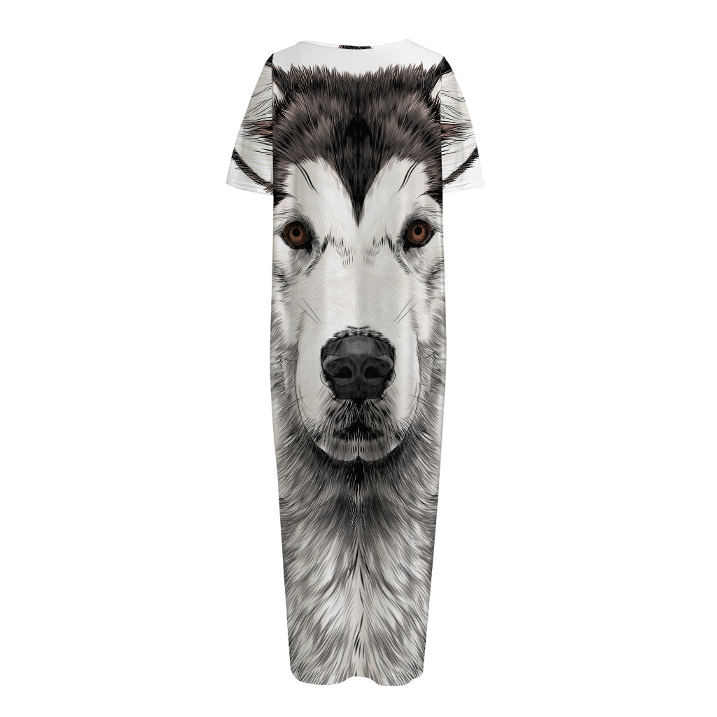 Hand Drawn Alaskan Malamute Print Short Sleeve Long Nightdress
