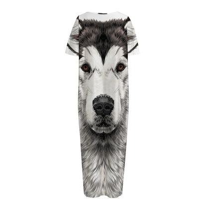 Hand Drawn Alaskan Malamute Print Short Sleeve Long Nightdress