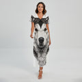 Hand Drawn Alaskan Malamute Print Short Sleeve Maxi Dress