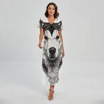 Hand Drawn Alaskan Malamute Print Short Sleeve Maxi Dress