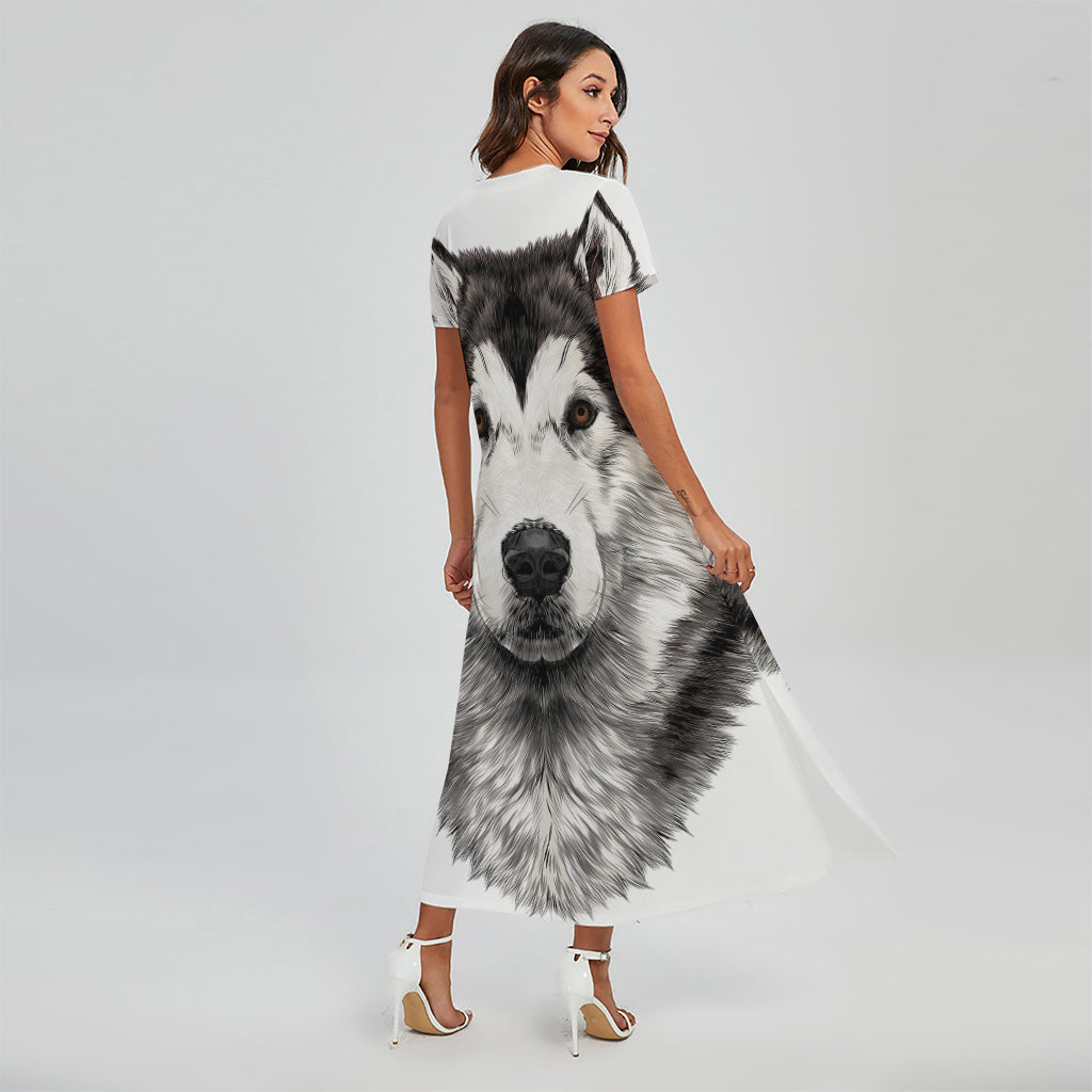 Hand Drawn Alaskan Malamute Print Short Sleeve Maxi Dress