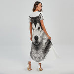 Hand Drawn Alaskan Malamute Print Short Sleeve Maxi Dress