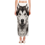Hand Drawn Alaskan Malamute Print Side Slit Maxi Skirt