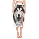 Hand Drawn Alaskan Malamute Print Side Slit Midi Skirt