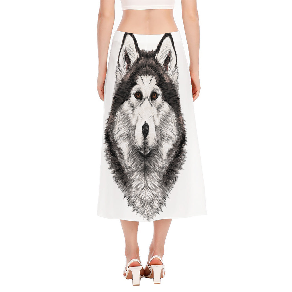 Hand Drawn Alaskan Malamute Print Side Slit Midi Skirt