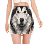 Hand Drawn Alaskan Malamute Print Side Slit Mini Skirt