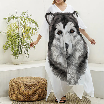 Hand Drawn Alaskan Malamute Print Silk V-Neck Kaftan Dress