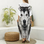 Hand Drawn Alaskan Malamute Print Silk V-Neck Kaftan Dress