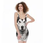 Hand Drawn Alaskan Malamute Print Sleeveless Bodycon Dress
