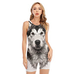 Hand Drawn Alaskan Malamute Print Sleeveless One Piece Swimsuit