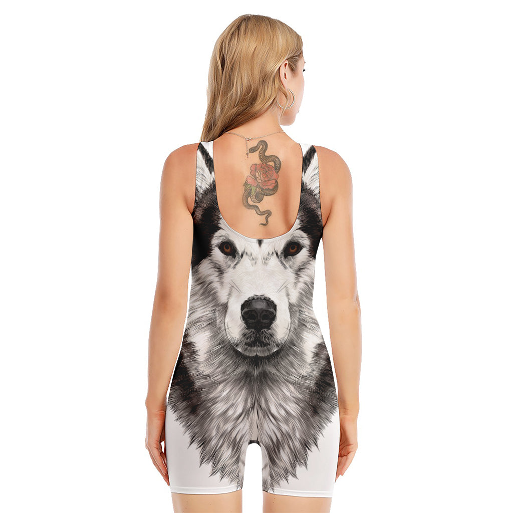 Hand Drawn Alaskan Malamute Print Sleeveless One Piece Swimsuit